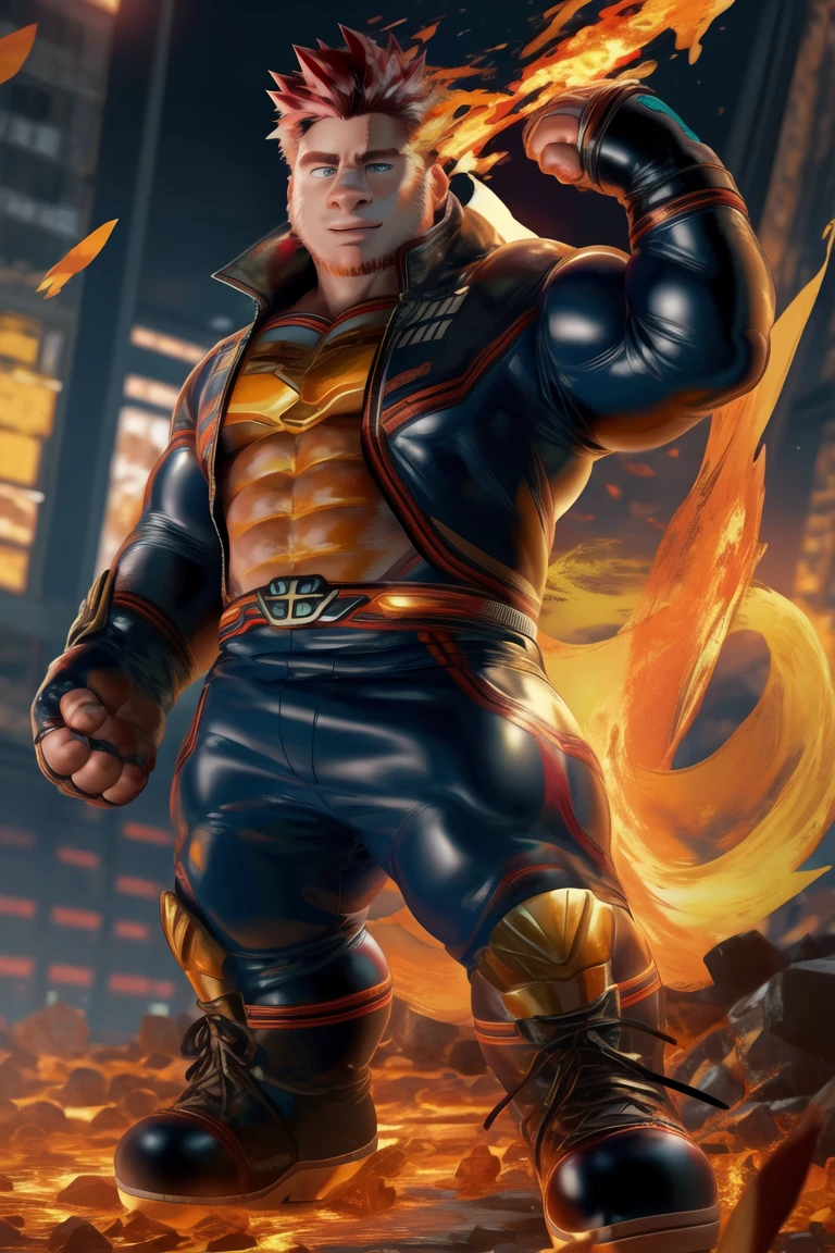 (masterpiece, best quality:1.2), endeavor, muscular male human, large pectorals, expressionless,superhero, blue bodysuit, fingerless gloves, fire, (pose:1.3), (posing:1.3), (soft shading), 4k, hi res, five fingers, detailed hands, ((detailed face, (detailed eyes:1.3), detailed)), (full body),(by takahirosi:1.5), solo, looking at viewer, 1boy, standing, full body, male focus,human focus, abs, biceps, flexing, smile