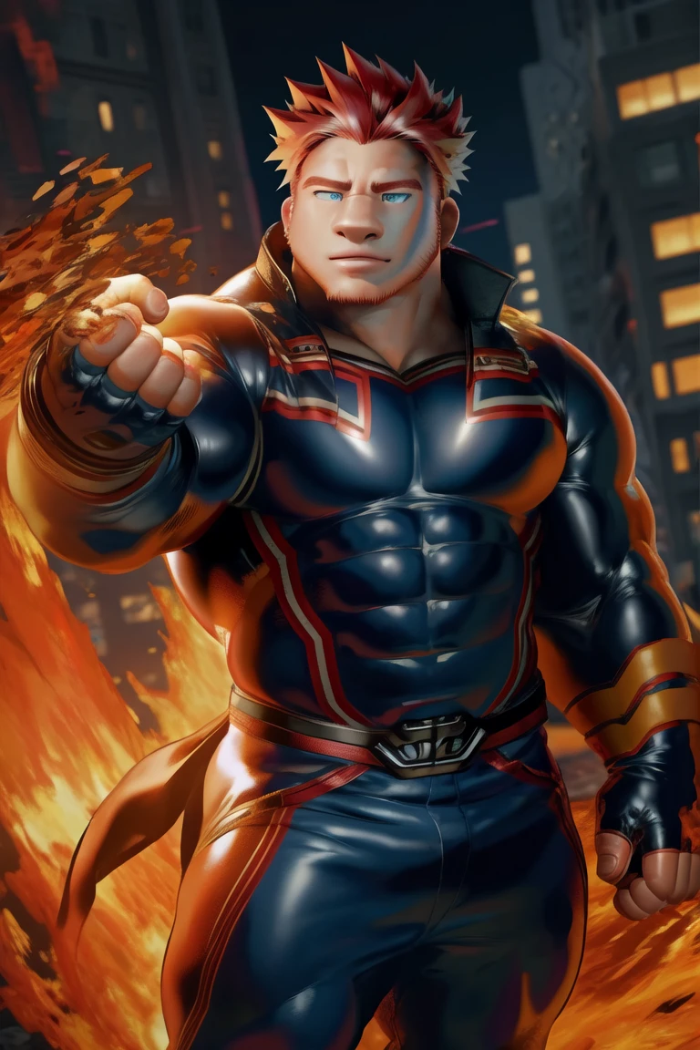 (masterpiece, best quality:1.2), endeavor, muscular male human, large pectorals, expressionless,superhero, blue bodysuit, fingerless gloves, fire, (pose:1.3), (posing:1.3), (soft shading), 4k, hi res, five fingers, detailed hands, ((detailed face, (detailed eyes:1.3), detailed)), (full body),(by takahirosi:1.5), solo, looking at viewer, 1boy, standing, full body, male focus,human focus, abs, biceps, flexing, smile