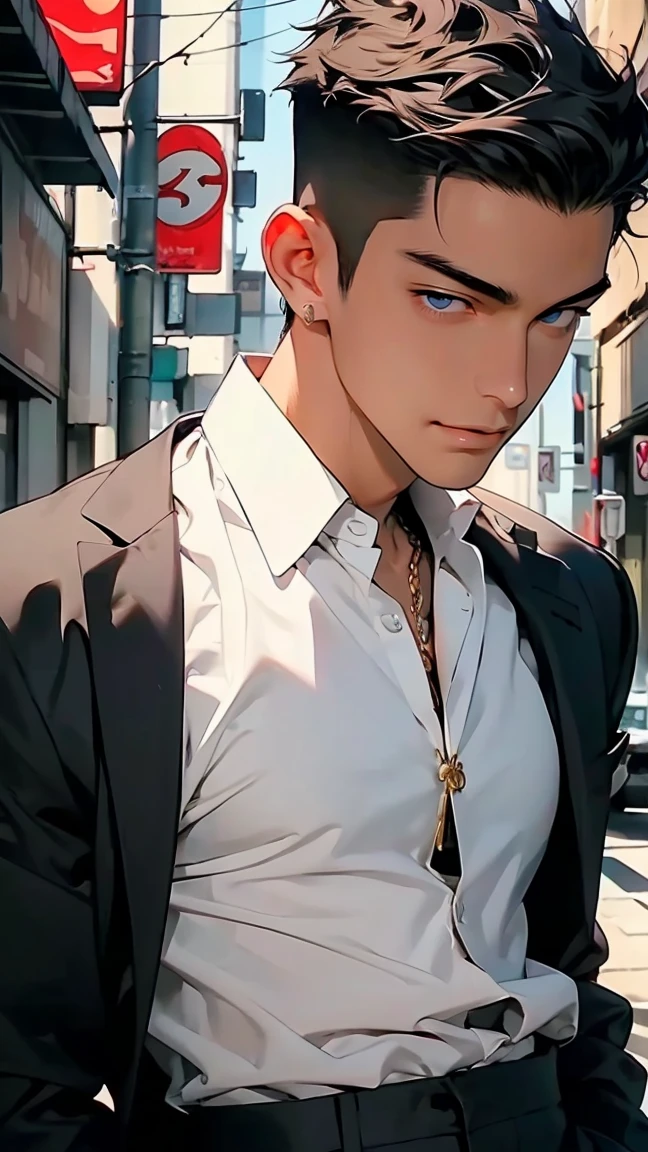 highest quality, 8K, high resolution image, anime style Jujutsu Kaisen, detailed strokes, slightly tanned skin, blurry, smile, purple light reflecting from it, (close angle), 1 man, young, male, model, cool guy, muscular, blue Eyes, brown very short hair, brown hair, short hair, hairstyle: undercut, hair slicked back, swollen chest, he is wearing a white shirt, collar, black suit trousers,, hand in trouser pocket, gold link chain, background: city, Tokyo, business district