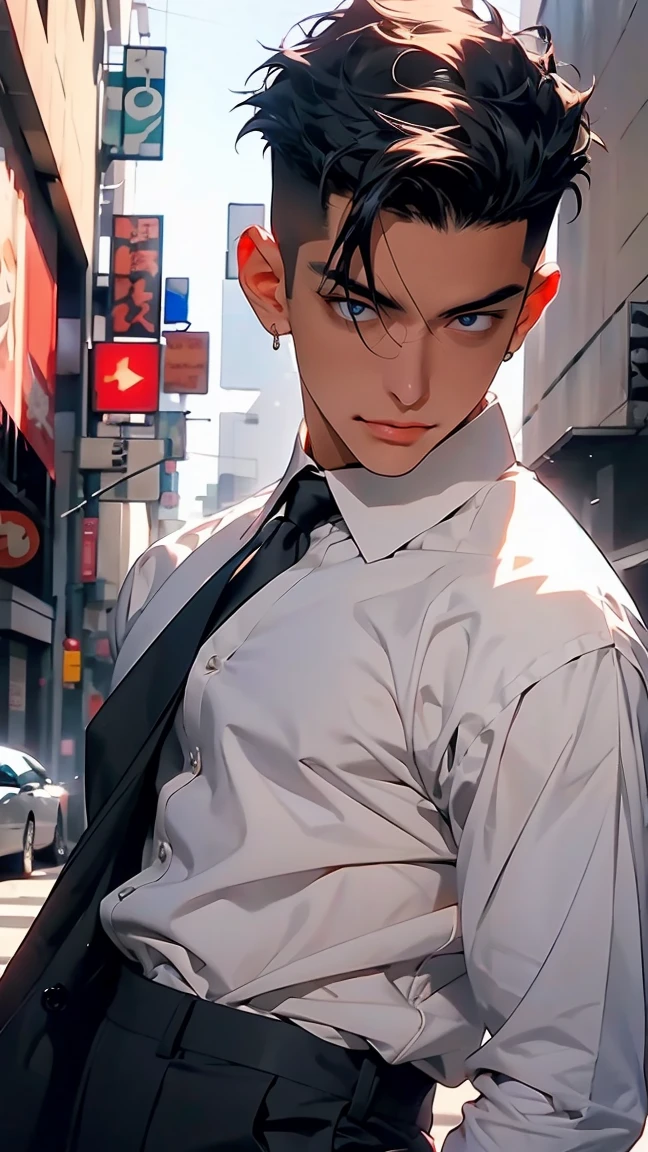highest quality, 8K, high resolution image, anime style Jujutsu Kaisen, detailed strokes, slightly tanned skin, blurry, smile, purple light reflecting from it, (close angle), 1 man, young, male, model, cool guy, muscular, blue Eyes, brown very short hair, brown hair, short hair, hairstyle: undercut, hair slicked back, swollen chest, he is wearing a white shirt, collar, black suit trousers,, hand in trouser pocket, gold link chain, background: city, Tokyo, business district