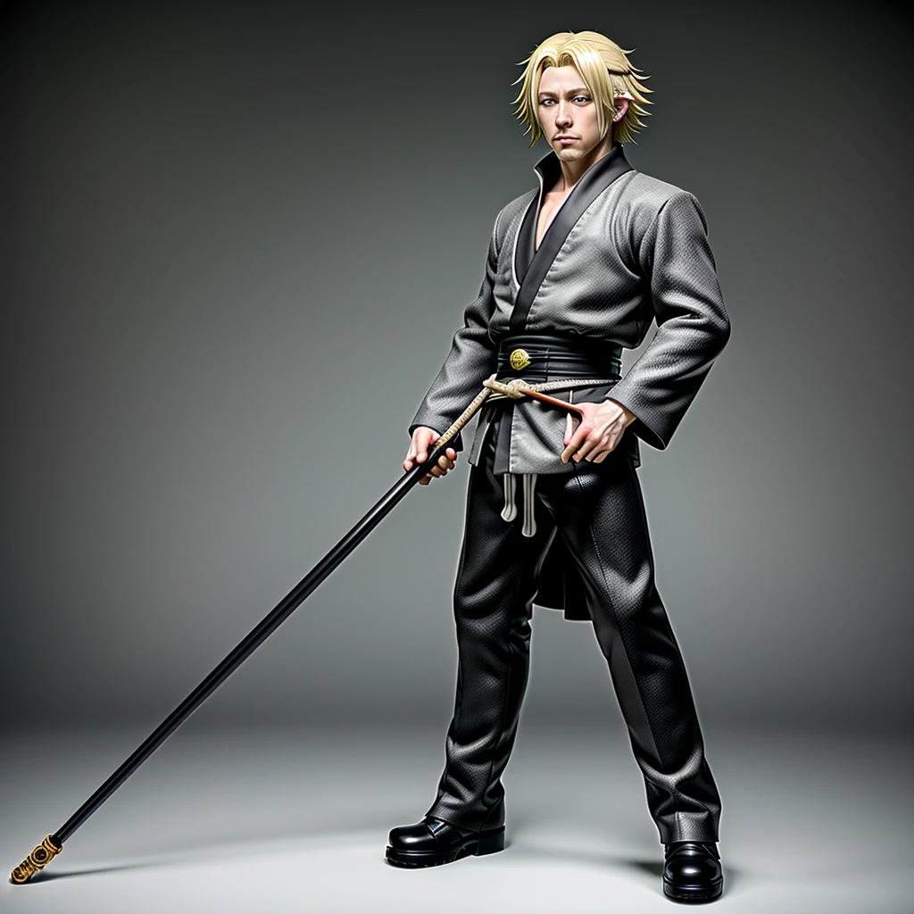 (masterpiece, best quality), (grey eyes), alternate universe, (cane), standing, full body, 1boy, urahara kisuke, solo, blonde hair,