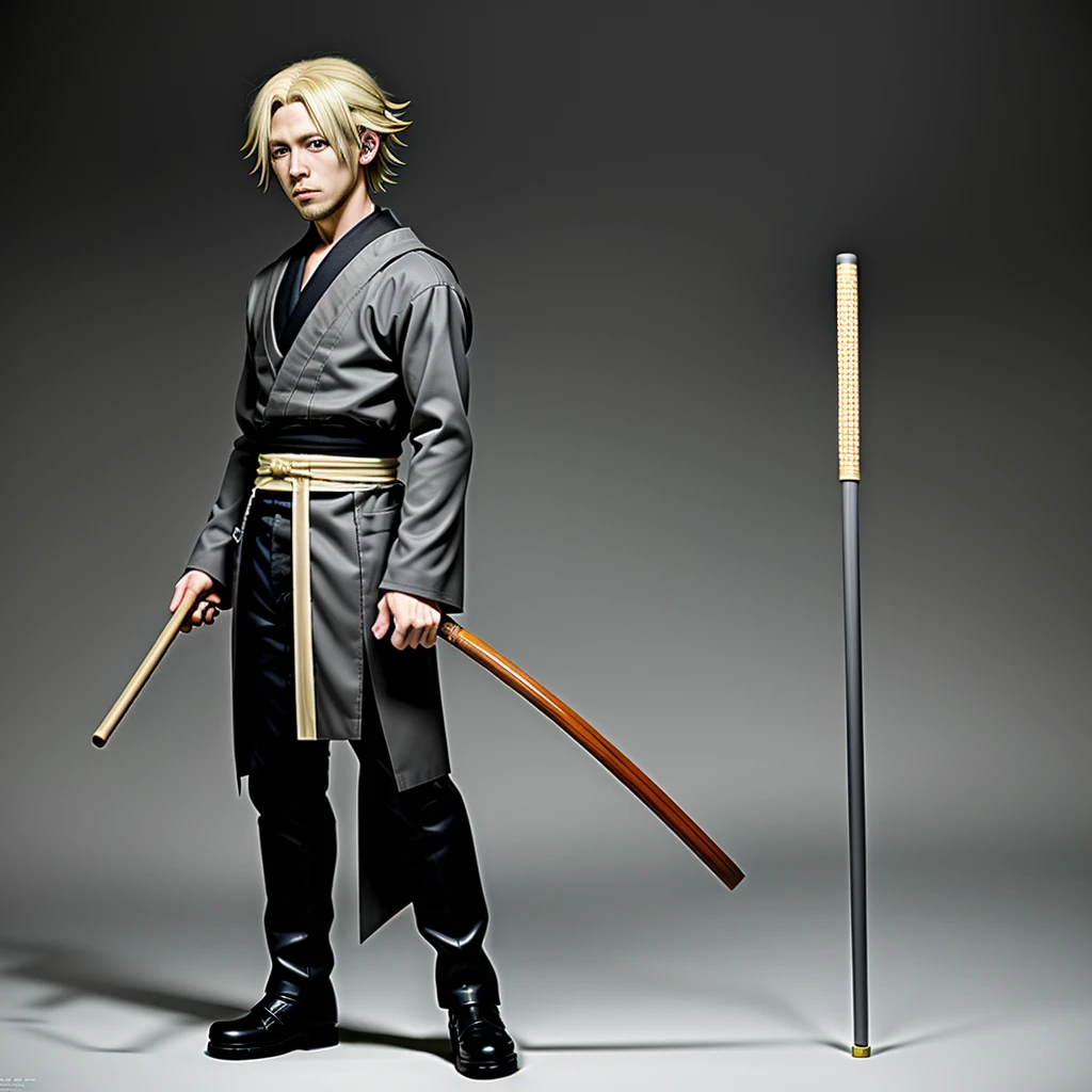 (masterpiece, best quality), (grey eyes), alternate universe, (cane), standing, full body, 1boy, urahara kisuke, solo, blonde hair,