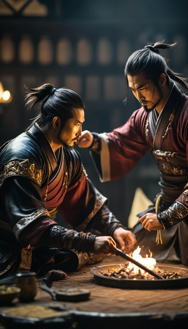 Hanzo Hatori swearing fealty to Tokugawa Ieyasu, hyper realistic, ultra detailed hyper realistic, photorealistic, Studio Lighting, reflections, dynamic pose, Cinematic, Color Grading, Photography, Shot on 50mm lens, Ultra-Wide Angle, Depth of Field, hyper-detailed, beautifully color, 8k