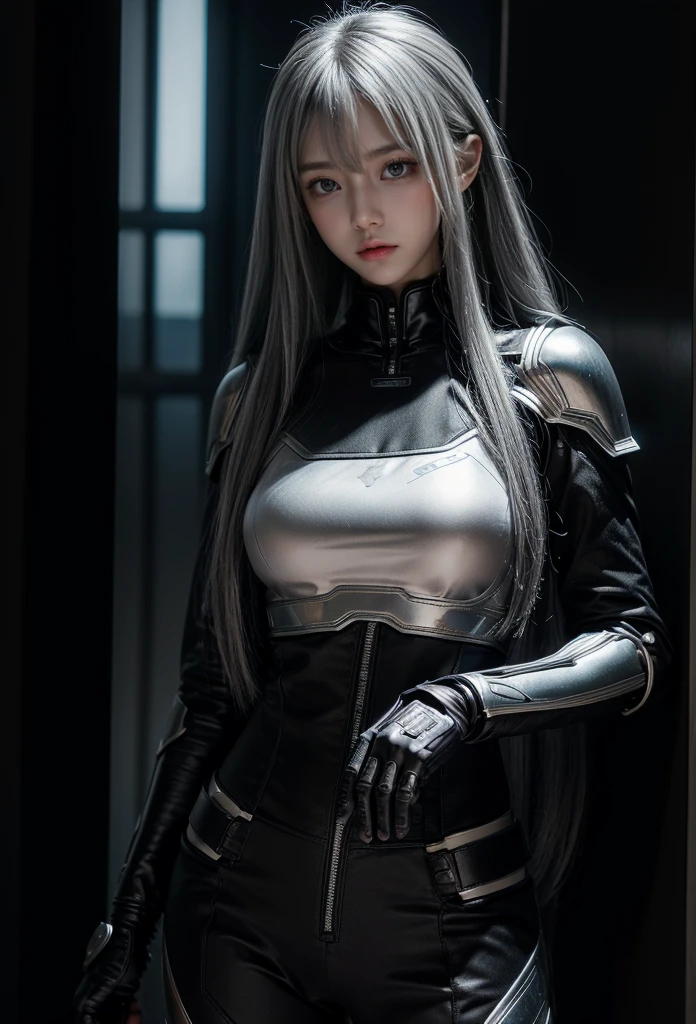 cyber angel,machine wing,{{Sci-Fi Armor}},cyber suit,cyberpunk,science fiction,cyber battle armor,Battledress,Military Uniforms,pants,black military uniform,whole body,Height: 168cm,almond shape eyes,{{{{{silver eyes}}}}},{{{{{dull bangs}}}}},(slanted eyes},{{whole body},{{{1 girl}}}, long hair, straight hair,{{{{silver hair}}}},{{{tsurime}}},30 years old,{Medium chest},{{bush}},silver eyes,{{{masterpiece}}}, {{{highest quality}}}, {{Super detailed}}, {shape}, {{very delicate and beautiful}},very detailed,detailed perfect,detailed hyper,Abundant thighs,big ass,black clothes