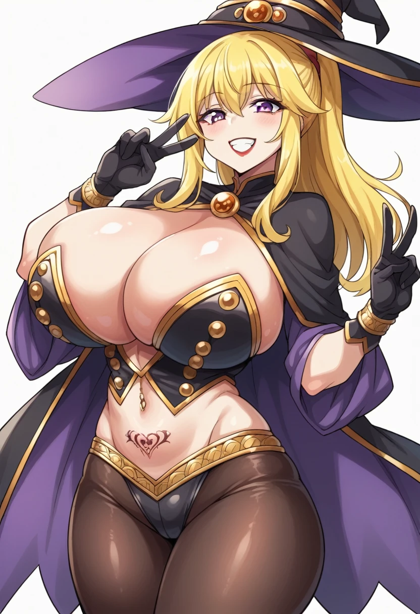 masterpiece), Highest quality,
One girl, (Ultra-high resolution:1.6), (eyelash:1.5),
(Exquisitely detailed body:1.2),
Yellow Hair,
(bangs:1.1), (ponytail:1.1),
Purple eyes, (Gothic Makeup, Red lipstick, eye shadow:1.1),
(Pale skin:1.1), (Huge breasts:1.8),
Grin, Open your mouth,
(Gold embroidered bodysuit, Belly button cutout, tattoo:1.2), (pantyhose:1.2),
(Witch Costume:1.2),
(ribbon:1.1), (jewelry:1.1), gloves,
Are standing, peace,
(whole body:1.1),
( White Background:1.2)"、Obscene lines、(お腹にObscene lines)お腹にtattoo