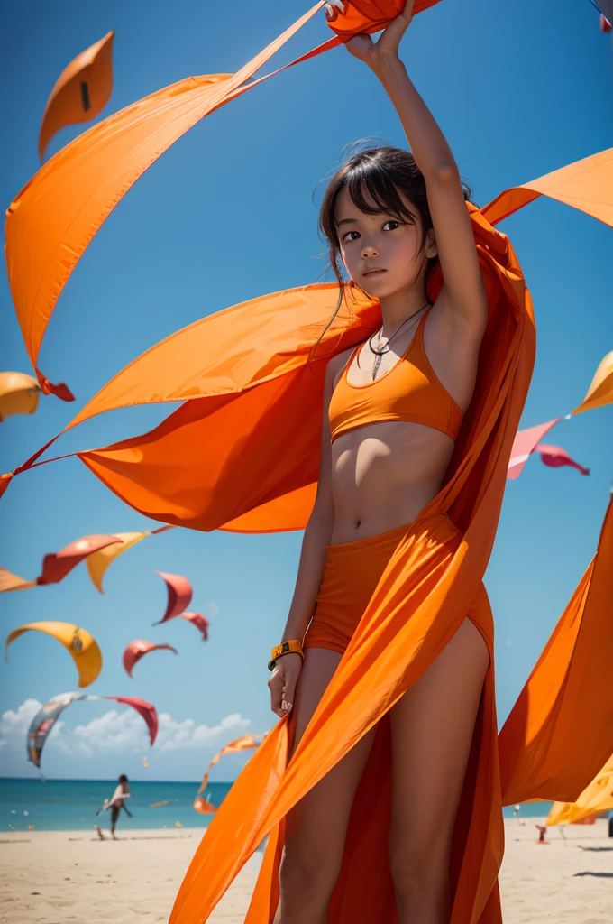 An orange holding several kites