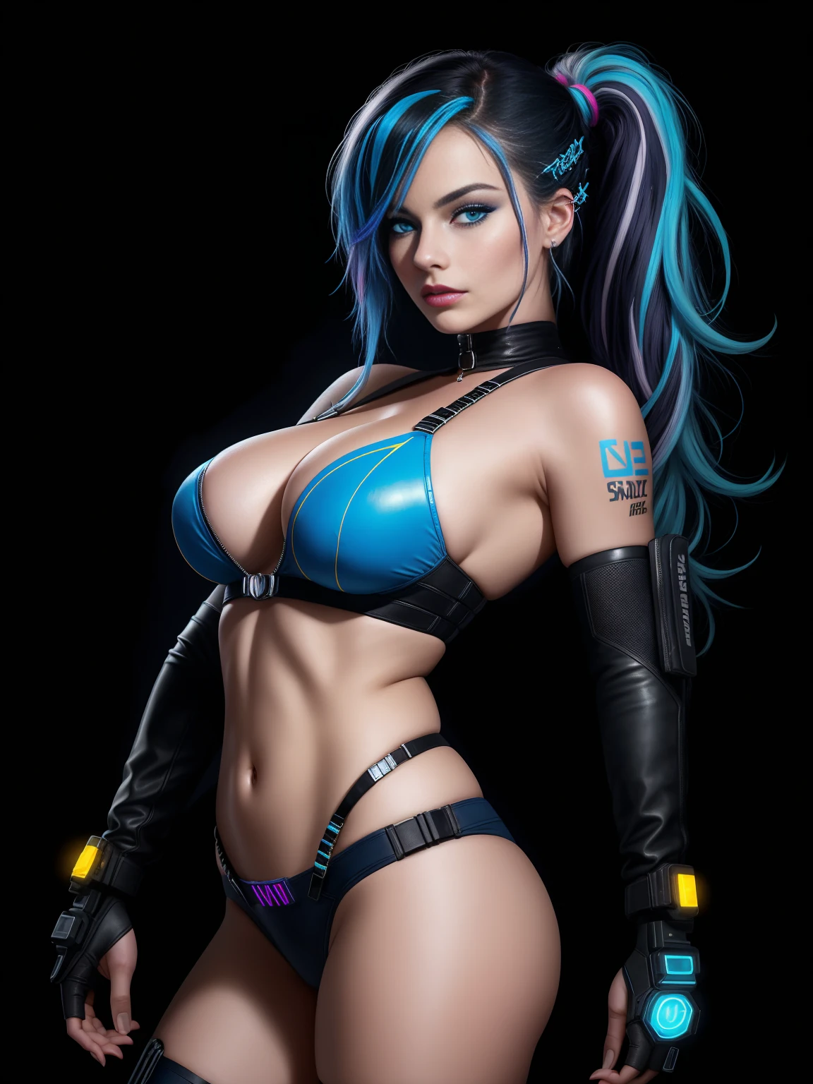 there is Margot Robbie, navy blue and bright purple neon streaked hair, hair in pony tail, 3 d neon art of a womans body, neon-noir background, cyberpunk femme fatale, seductive cyberpunk dark fantasy, cyberpunk strip clubs, cyberpunk 20 y. o model girl, oppai cyberpunk, banner, high definition cgsociety, cgsociety masterpiece, trending on cgstation, kda, random hair, ((blue eyes:1.4)), looking at camera, gigantic breasts, cleavage, (high detailed skin:1.2), 8k uhd, dslr, super lighting, high quality, film grain, high res, highly detailed, hyper realistic, beautiful face, beautiful body, beautiful eyes nose lips, alluring expression, very bold, upper  visible, full body photo, standing legs apart, pale translucent glowing skin, most beautiful face, cute, (well defined pubic hair:1.2)), (dark plain black background:1.4))