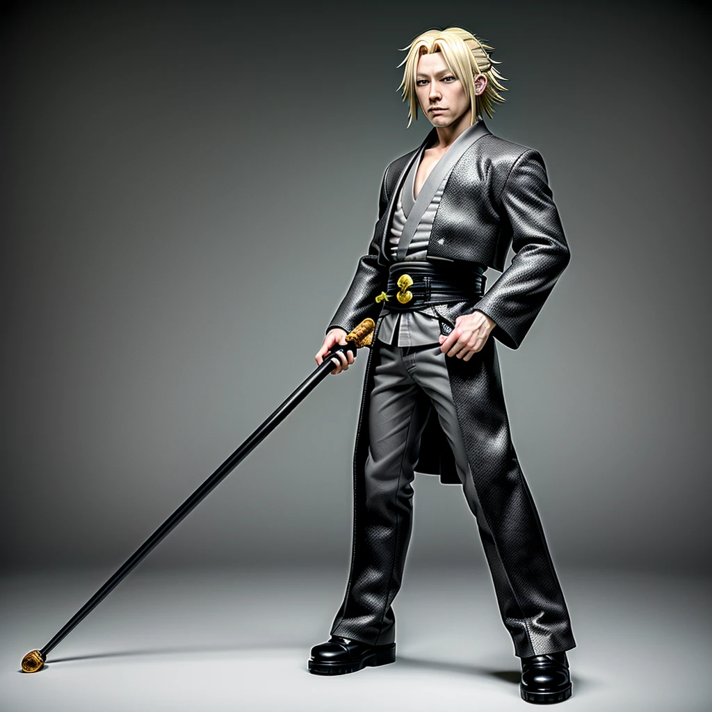 (masterpiece, best quality), (grey eyes), alternate universe, (cane), standing, full body, 1boy, urahara kisuke, solo, blonde hair,