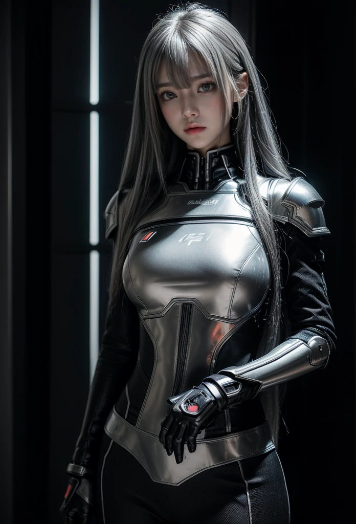 cyber angel,machine wing,{{Sci-Fi Armor}},cyber suit,cyberpunk,science fiction,cyber battle armor,Battledress,Military Uniforms,pants,black military uniform,whole body,Height: 168cm,almond shape eyes,{{{{{silver eyes}}}}},{{{{{dull bangs}}}}},(slanted eyes},{{whole body},{{{1 girl}}}, long hair, straight hair,{{{{silver hair}}}},{{{tsurime}}},30 years old,{Medium chest},{{bush}},silver eyes,{{{masterpiece}}}, {{{highest quality}}}, {{Super detailed}}, {shape}, {{very delicate and beautiful}},very detailed,detailed perfect,detailed hyper,Abundant thighs,big ass,black clothes