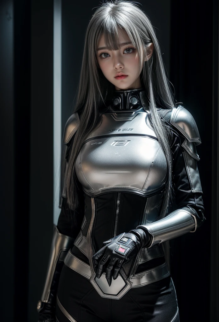 cyber angel,machine wing,{{Sci-Fi Armor}},cyber suit,cyberpunk,science fiction,cyber battle armor,Battledress,Military Uniforms,pants,black military uniform,whole body,Height: 168cm,almond shape eyes,{{{{{silver eyes}}}}},{{{{{dull bangs}}}}},(slanted eyes},{{whole body},{{{1 girl}}}, long hair, straight hair,{{{{silver hair}}}},{{{tsurime}}},30 years old,{Medium chest},{{bush}},silver eyes,{{{masterpiece}}}, {{{highest quality}}}, {{Super detailed}}, {shape}, {{very delicate and beautiful}},very detailed,detailed perfect,detailed hyper,Abundant thighs,big ass,black clothes
