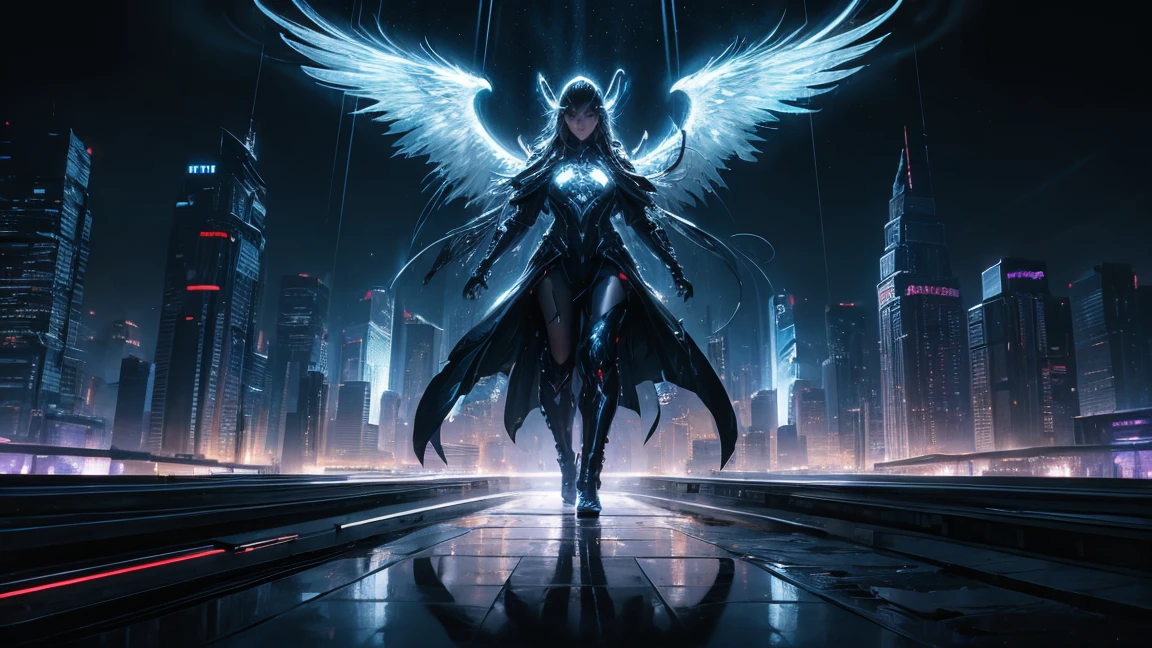 ((masterpiece, Highest quality, Best image quality, High resolution、4k)) An evil black masked female angel、Glowing white wings、Glowing halo、Huge railgun、Cyberface。Flowing White Cyber Robe、god々Shining with a bright light。Shiny advanced cybernetic enhancements. Seen in dynamic action poses, reflection on a smooth surface. The cityscape below is filled with towering skyscrapers., illuminated by colorful holographic advertisements, Shining with blue energy, Mighty power. The overall atmosphere is dark and mysterious., It had a futuristic techno vibe.. The lighting is dramatic, Intense highlights and deep shadows, Creates depth and tension