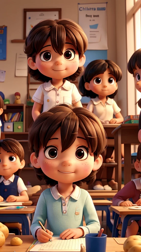Children sitting at their desks, each writing names on potatoes. Some children have one or two potatoes, while others have up to five. The scene is busy with focused and serious expressions on the children’s faces.
