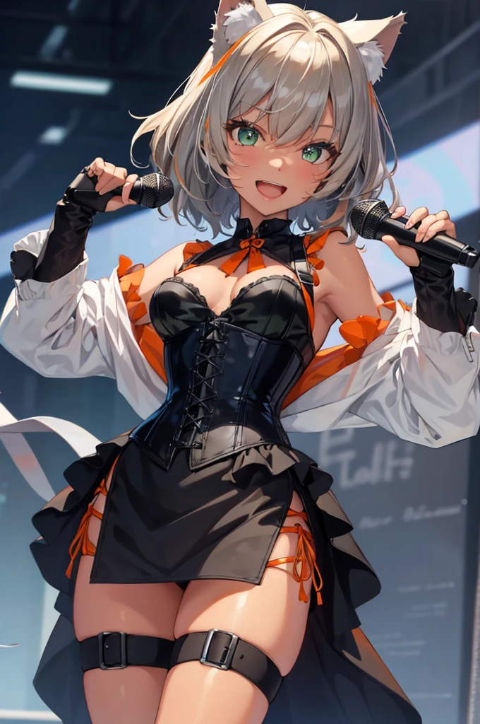 （In 8K, best quality, muste piece:1.2), ultra high resolution,1 female 、ultra-detailed face,detailed eyes,open mouth,laughing, dark skin, a lady with silver cat ears, full body, silver wave short hair, grab a microphone, green eyes, gray camisole, gray tight leather skirt, ((orange corset)), no background,