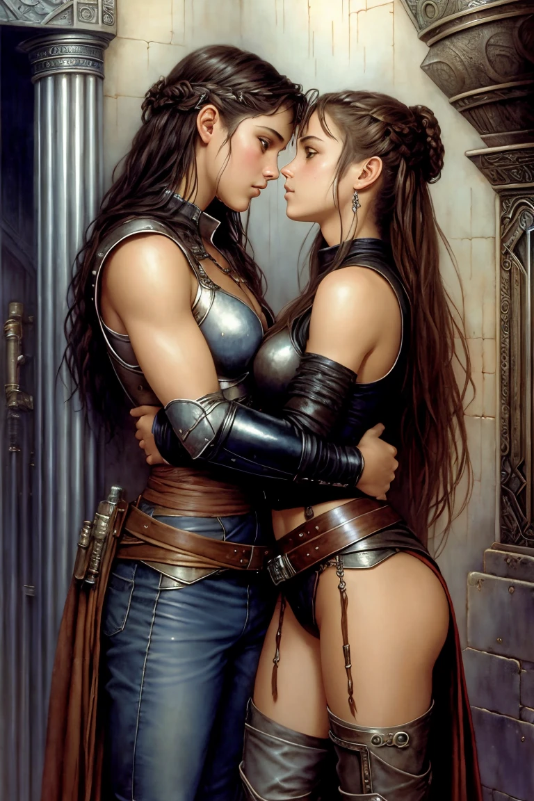 ​masterpiece. detailed epic fantasy oil painting. 4K. dark environment. A beautiful pair of twins Rey Skywalker. sparkling brown eyes.  sporty. silver belt, boots. stylish leather costume, ripped latex jeans. tactical boots.   Summer heat.   leaning against the wall in the spaceship. . complicated spaceship interior, Labyrinth, Subscribe to, Luis-Royo-Stil. Background her twin sister. embrace, looking at each other gently. sweet kiss on the cheek. corresponding kiss on the cheek.