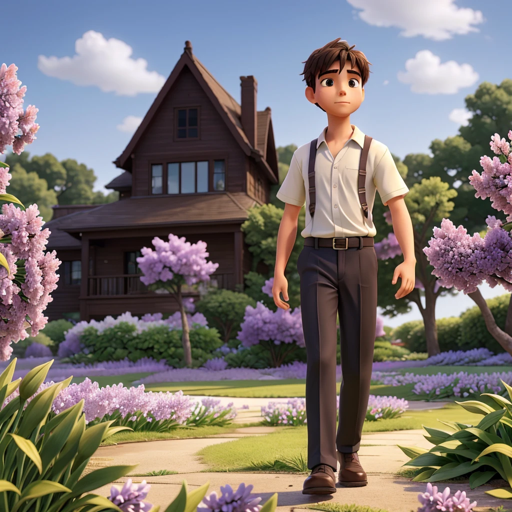 Describe the scene of a determined young man immersed in a peaceful, serene field of lilac lilies. The gentle breeze caresses the lilies around him as he walks with purpose and steadfastness.