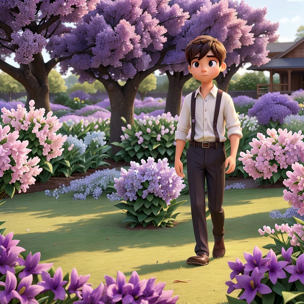 Describe the scene of a determined young man immersed in a peaceful, serene field of lilac lilies. The gentle breeze caresses the lilies around him as he walks with purpose and steadfastness.