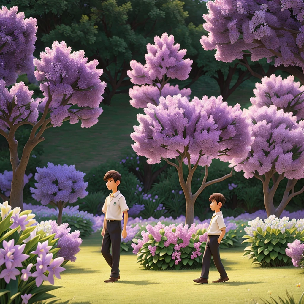 Describe the scene of a determined young man immersed in a peaceful, serene field of lilac lilies. The gentle breeze caresses the lilies around him as he walks with purpose and steadfastness.