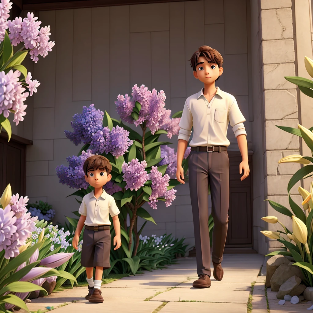 Describe the scene of a determined young man immersed in a peaceful, serene field of lilac lilies. The gentle breeze caresses the lilies around him as he walks with purpose and steadfastness.