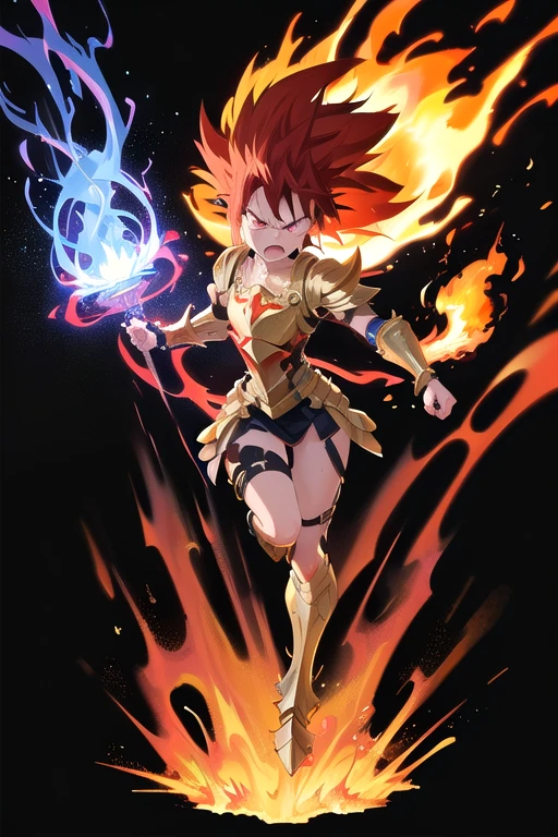 ((Highest quality)), ((masterpiece)), (detailed), Perfect Face, Perfect Arms, Perfect hands, Perfect Fingers, anime, Ultra-fine illustration, ((1 person)), Girl, (Angry look:1.3), (magical armor:1.2), (Gauntlet), (Leg Armor), (Fire Effects), (Fiery Aura), (Burning Fire), (Red Eye), {Orange hair}, (short hair), (Spiked Hair:1.4), Full Body Shot, ((Black background)),