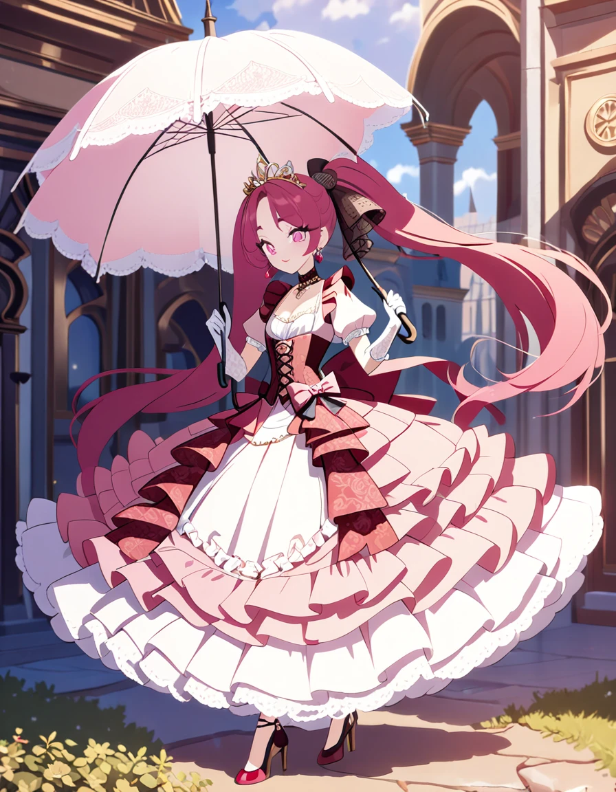 (best quality,4k,8k,highres,masterpiece:1.2),ultra-detailed, Pretty 15 years old princess, drawn in anime style, is cute and joyful, long red pigtails hair, pink eyes, small breast, lipstick, makeup, pink eyeshadow, long eyelashes, dainty and delicate body, steampunk, red princess gown with puffy sleeves, Dominant shades of red, physically-based rendering,gorgeous dress design,flowing gown,elaborate lace details,rich textures,contrast stitching,delicate ribbon bows,floral accents,long maxi skirt,short sleeves,fitted waistline,lace-up back,luxurious fabrics,flawless silhouette, petticoat, bustle, corset, hair ribbons, white elbow gloves, ruby earrings and necklace, gold tiara, high heels, holding a lacy umbrella, walking in castle garden, beautiful sunny and cloudy sky.