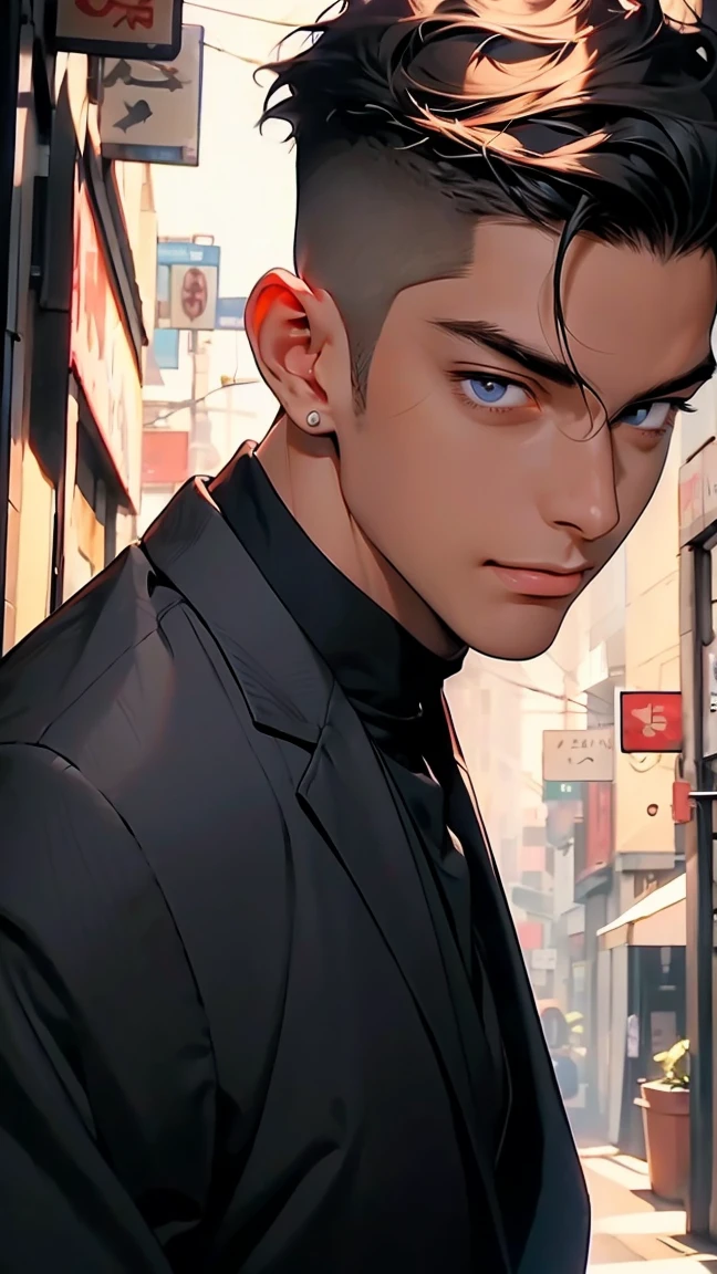 highest quality, 8K, high resolution image, anime style Jujutsu Kaisen, detailed strokes, slightly tanned skin, blurry, smile, purple light reflecting from it, (close angle), 1 man, young, male, model, cool guy, muscular, blue Eyes, brown very short hair, brown hair, short hair, hairstyle: undercut, hair slicked back, swollen chest, he is wearing a T-shirt under a suit jacket and sweatpants, hand in trouser pocket, gold link chain, background: city, Tokyo, business district