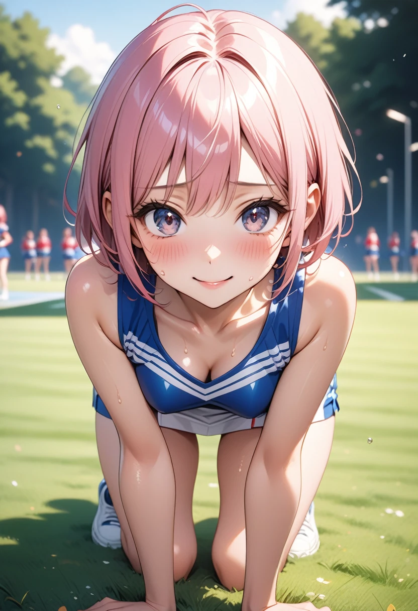 ((cheerleader)), ((The costume is very shiny)), skinny, solo, 1 woman, Masterpiece, highest quality, highest quality, 16K, incredibly absurd, highly detailed, 2.5D, ai-generated, delicate and dynamic, very delicate facial expressions, delicate eye depiction, erotic, only sexy woman, ((A cute and kind face)), healthy figure, ((25-year-old woman)), 160cm tall, medium firm swaying bust, (short hair), (pink hair:1.5), bob cut, black eye, blush, Sweat,Embarrassed,sexy, ((thin thighs)), (camel toe:0.8), (Erect nipples:0.7), ((shiny and lustrous)), facing straight at viewer, smile, cowboy shot, (on all fours), Large park, daytime, bright, on the grass,