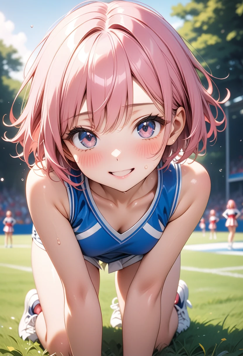 ((cheerleader)), ((The costume is very shiny)),  skinny, solo, 1 woman, Masterpiece, highest quality, highest quality, 16K, incredibly absurd, highly detailed, 2.5D, ai-generated, delicate and dynamic, very delicate facial expressions, delicate eye depiction, erotic, only sexy woman, ((A cute and kind face)), healthy figure, ((25-year-old woman)), 160cm tall, medium firm swaying bust, (short hair), (pink hair:1.5), bob cut, black eye, blush, Sweat,Embarrassed,sexy, ((thin thighs)), (camel toe:0.8), (Erect nipples:0.7), ((shiny and lustrous)), facing straight at viewer, smile, cowboy shot, (on all fours), Large park, daytime, bright, on the grass,