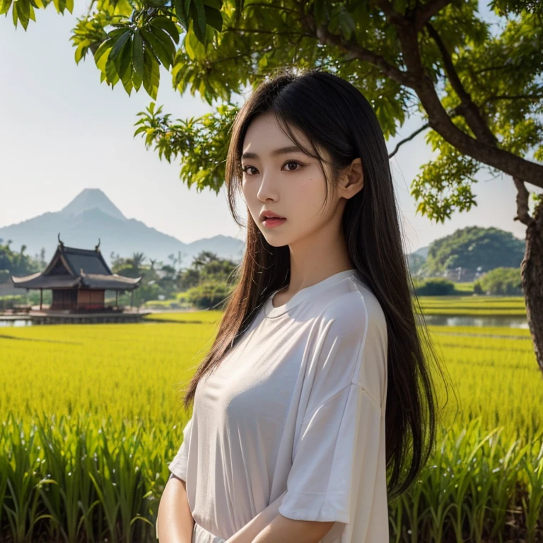 Araffe woman wearing a t-shirt Long-haired woman with a round face, black eyes ตาสองชั้นสีดำ, black eyes, Thai anime, perfect body, Thai anime, (digital painting, HDR, high contrast), (Highest quality),(Masterpiece:1.3),(sharp focus:1.2), glowing face, (Red cheeks:1.6:), standing walking outdoors, The background is a rice field., There is an old thatched Thai-style hut in the background., The evening sun shines beautifully and realistically., Asian girl, Gorgeous Chinese model, Japanese model, beautiful asian woman, Japanese goddess, beautiful female model, jaw-dropping beauty, Attractive face and body