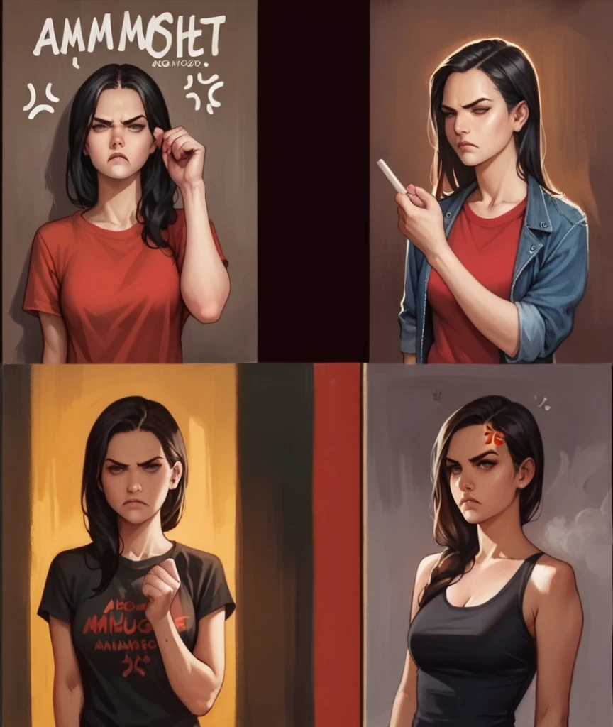 score_9, score_8_up, score_8, rating_safe, traditional art, 1girl, adamhughesstyle, minkostyle, realistic, black hair, loose untucked t-shirt, jeans pants, emotional, anger, frown