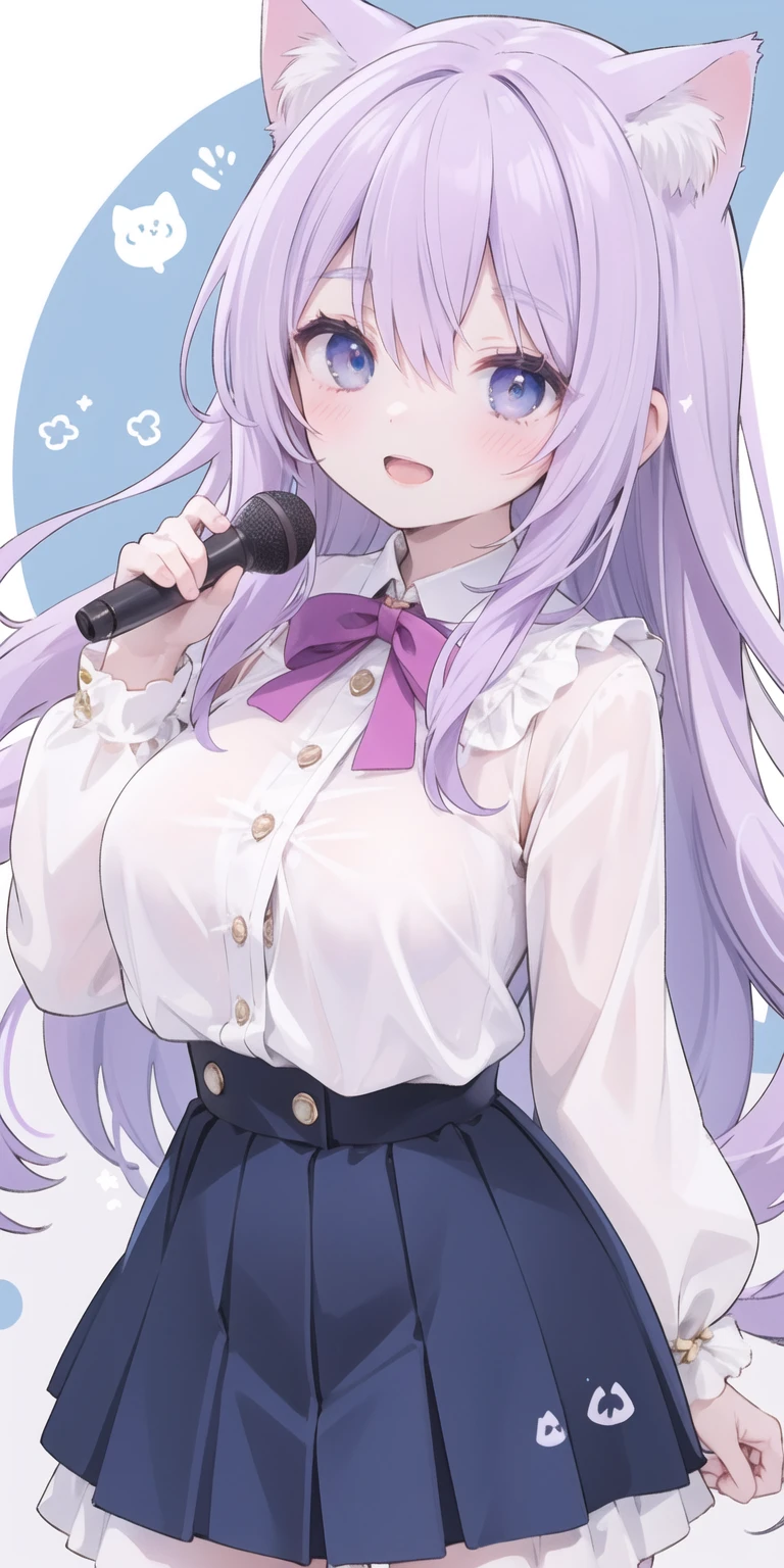 charming ,Long hair,Purple Hair，Close one eye，Smile，open mouth，Artifact Marking，A charming look,charming gesture，Sing，Big blue eyes,White Lolita,Pleated Skirt,Cat ears,Cat&#39;Tail,Beautiful gloves,Hair accessories,bow tie，Leg ring，White boots，whole body,stage，one person