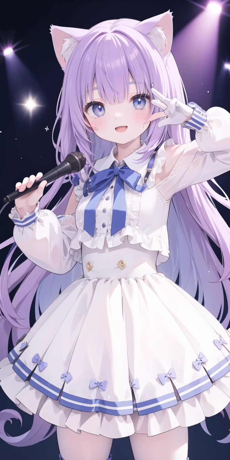 charming ,Long hair,Purple Hair，Close one eye，Smile，open mouth，Artifact Marking，A charming look,charming gesture，Sing，Big blue eyes,White Lolita,Pleated Skirt,Cat ears,Cat&#39;Tail,Beautiful gloves,Hair accessories,bow tie，Leg ring，White boots，whole body,stage，one person