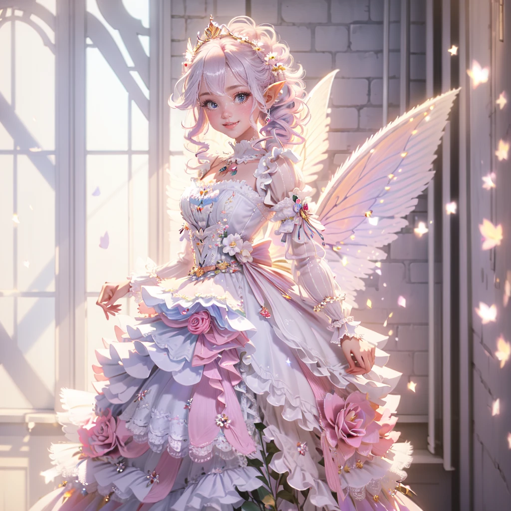 masterpiece,best quality, insanely detailed, beautiful, exquisite, 16K, Full-HD, absurdres,whitebackground,((upper body,half body photo)),((smile,Happy:1.5)),((Sparkling fluffy layered ball gown)), (Grasp the hem of your dress and bow slightly),lots of flowers,((Surrounded by roses)),ruffles and rhinestones, ( table top, art station, fantasy art:1.2), Standing with an elegant smile,pastel colour,((giant white fairy wings))、white skin,gradient hair, pink hair, hair in the wind, wavy hair,fluffy hair,tiara,lavender eyes, long eyelashes, beautiful eyes、light pink cheek,pointy ears, bright pupils,shining light, warm lighting,