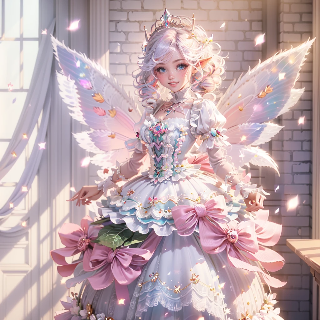 masterpiece,best quality, insanely detailed, beautiful, exquisite, 16K, Full-HD, absurdres,whitebackground,((upper body,half body photo)),((smile,Happy:1.5)),((Sparkling fluffy layered ball gown)), (Grasp the hem of your dress and bow slightly),lots of flowers,((Surrounded by roses)),ruffles and rhinestones, ( table top, art station, fantasy art:1.2), Standing with an elegant smile,pastel colour,((giant white fairy wings))、white skin,gradient hair, pink hair, hair in the wind, wavy hair,fluffy hair,tiara,lavender eyes, long eyelashes, beautiful eyes、light pink cheek,pointy ears, bright pupils,shining light, warm lighting,