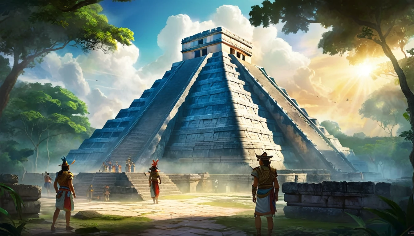 The Lost City of Chichen Itza is the heart of the ancient Mayan civilization, hidden in the dense jungle. Players will enter the world, where every corner is imbued with history and myths. In the center of the city rises the majestic Pyramid of Kukulcan, surrounded by temples and palaces, decorated with carvings and frescoes, telling about the exploits of gods and heroes, digital painting, location, location из игры, большая location, glowing effects in the background, fog in the foreground with glow effects, colorful, cute style, anime style, огромная игровая location, shimmering treasures, attention-grabbing