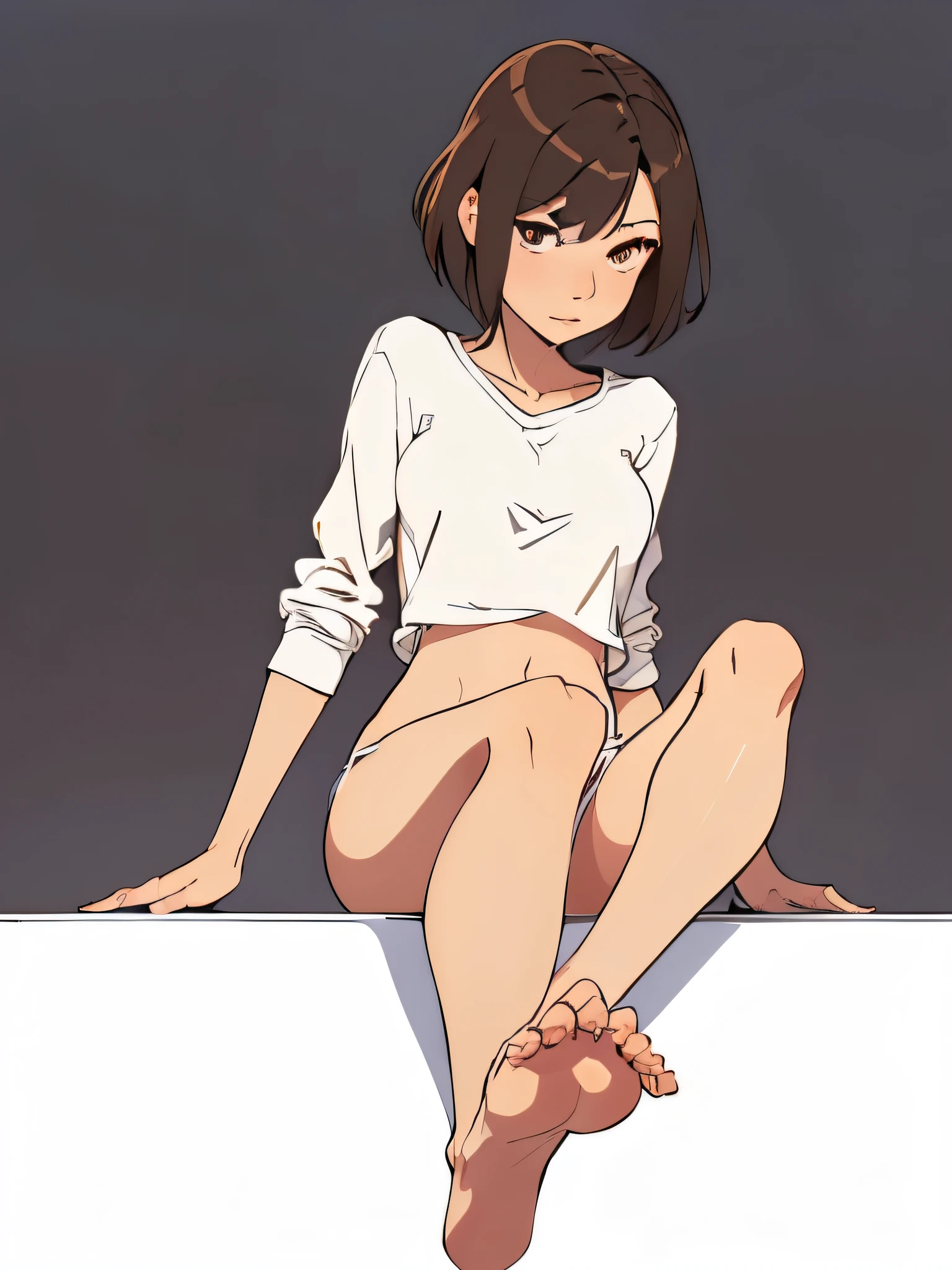 ((Medium Shot)), beautiful girl, slender, very short brown hair, wear a white long-sleeved T-shirt, white bikini panties , Perfect hands, Perfect body, put her feet on the table., barefoot, The eyes out of sight , ((Exquisite detail)), Very finely crafted fingers(((10 fingers))), , (Full-body showcase), (Show your whole body), (No logos on background), (No logo), ((Plain background)), ((Plain background)), bare foot, The camera frame is taken from below.,