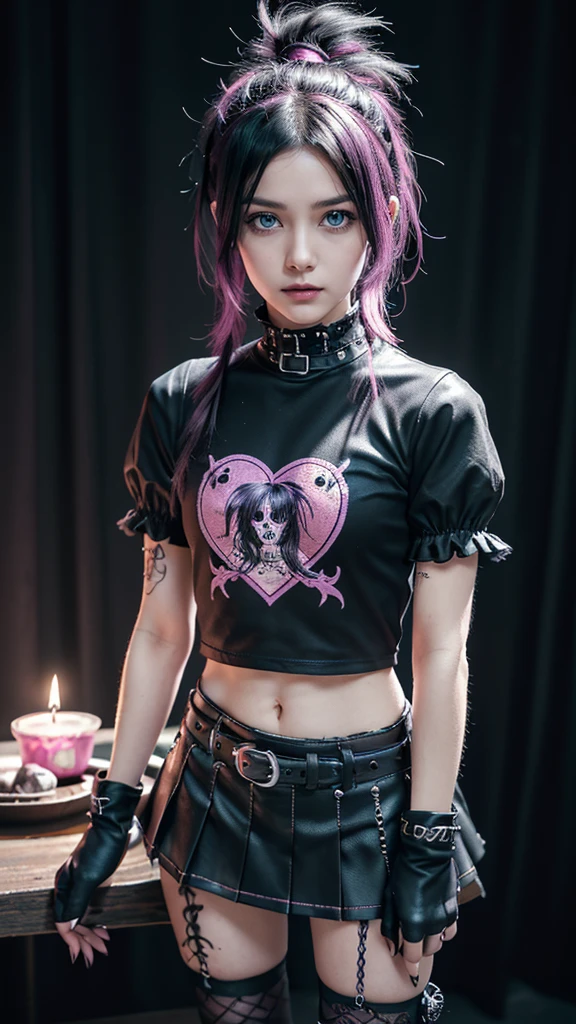 (ultra-detailed eyes), (((Textile shading))), (((best quality))), (((Table top))), (((Ultra-detailed CG))), naughty girl, (((magical ))), (), (small-sized breast), black hair, black hair, black hair, black hair, Spooky season with punk hairstyle, ((tousled hair, beautiful hair)), pink eyes, (((Spooky season in punk outfit))), ((creepy punk pose)), (((Game CG)) (beautiful, naughty, it girl), unusual jewelry, Spukhaus, dark day, strong horror season in punk atmosphere, strong Spukhaus atmosphere, Cowboy-shot, Halbtotale, Centered image, Eye on camera, Baby T-shirt with heart panel, Black pleated mini skirt, purple furry sleeves, gloves, Pastel color