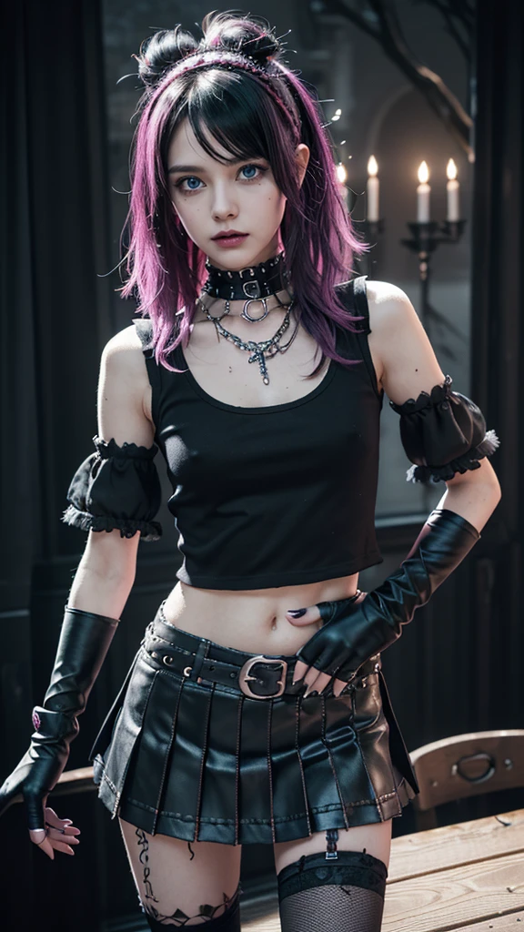 (ultra-detailed eyes), (((Textile shading))), (((best quality))), (((Table top))), (((Ultra-detailed CG))), naughty girl, (((magical ))), (), (small-sized breast), black hair, black hair, black hair, black hair, Spooky season with punk hairstyle, ((tousled hair, beautiful hair)), pink eyes, (((Spooky season in punk outfit))), ((creepy punk pose)), (((Game CG)) (beautiful, naughty, it girl), unusual jewelry, Spukhaus, dark day, strong horror season in punk atmosphere, strong Spukhaus atmosphere, Cowboy-shot, Halbtotale, Centered image, Eye on camera, Baby T-shirt with heart panel, Black pleated mini skirt, purple furry sleeves, gloves, Pastel color