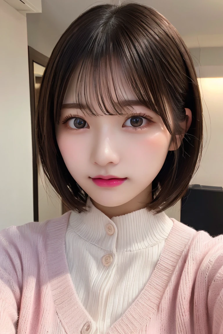 Highest quality、(beautiful)、Precision Eyes、Fine skin、Brown eyes、22-year-old female、Brown Hair、looking at the camera、Gal、Semi-short hair、Long sleeve cardigan、Selfie、Removed button、hot spring、Pink lips