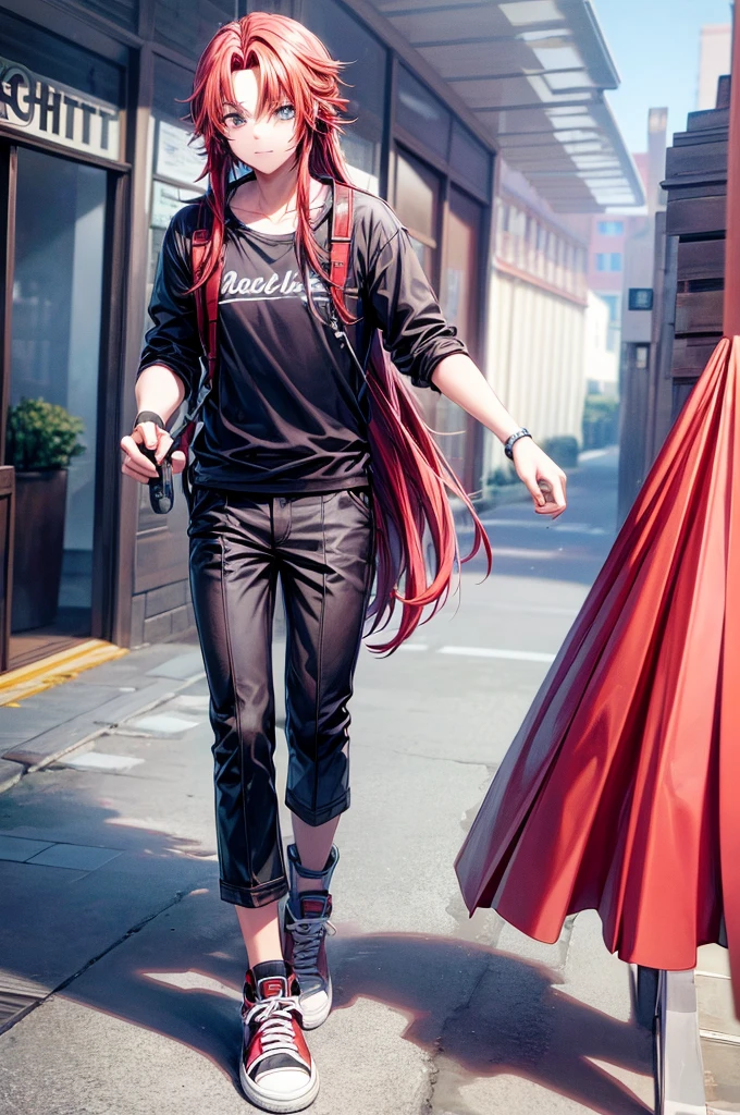 1 man, Walking through beautiful scenery, eye color red, The hair is longer than expected