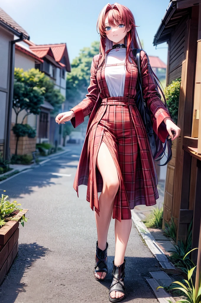 1 man, Walking through beautiful scenery, eye color red, The hair is longer than expected