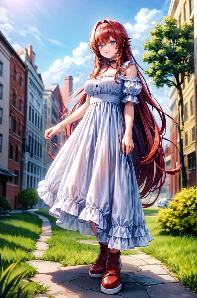 1 man, Walking through beautiful scenery, eye color red, The hair is longer than expected