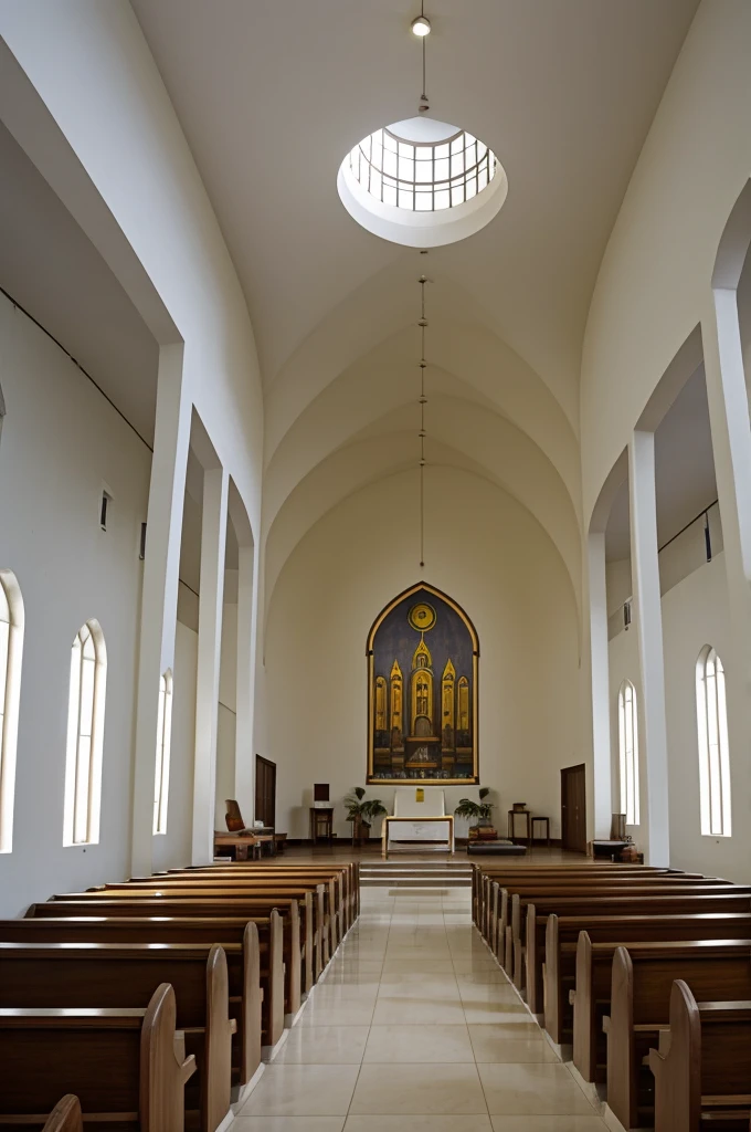 "A modest church for the Pentecostal Assembly of God, Maculusso Ministry, Source of Reflection Congregation. The church has a plot of land measuring 18 meters long by 10 meters wide.. The building has two floors. On the ground floor, there is a simple and welcoming temple. On the first floor, an oval gallery that provides a broad view of the temple below. On the second floor, there are functional and well-lit offices. The design is simple and practical, no luxurious elements, reflecting the limited resources available. The facade is discreet and welcoming, with neutral colors and details that refer to tradition and simplicity.