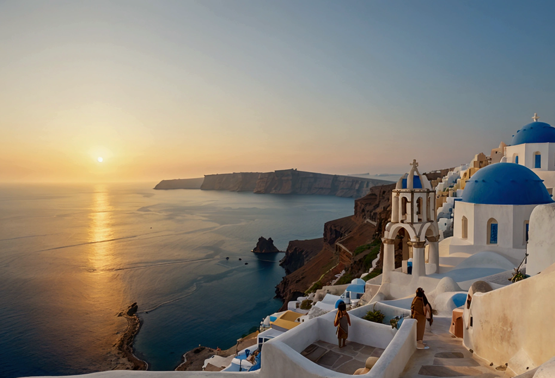 Santorini at sunset, Photography, inspired by Ansel Adams, a sweeping view of the white-washed buildings with blue domes cascading down the cliffs towards the shimmering Aegean Sea, bathed in golden hues of the setting sun, using a 35mm lens, the scene exudes a warm color temperature, capturing the serene expressions of a few scattered tourists in awe, with natural lighting enhancing the tranquil atmosphere.