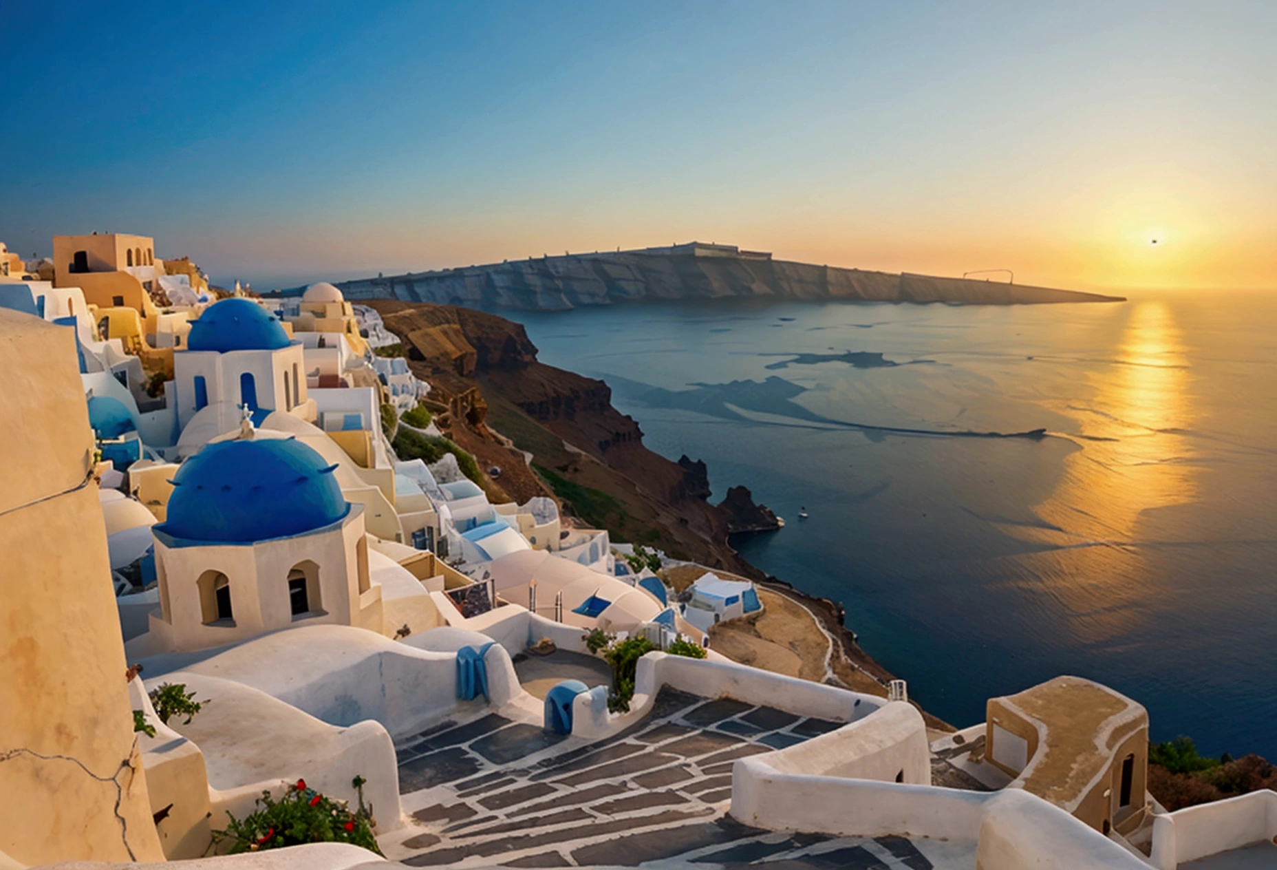 Santorini at sunset, Photography, inspired by Ansel Adams, a sweeping view of the white-washed buildings with blue domes cascading down the cliffs towards the shimmering Aegean Sea, bathed in golden hues of the setting sun, using a 35mm lens, the scene exudes a warm color temperature, capturing the serene expressions of a few scattered tourists in awe, with natural lighting enhancing the tranquil atmosphere.