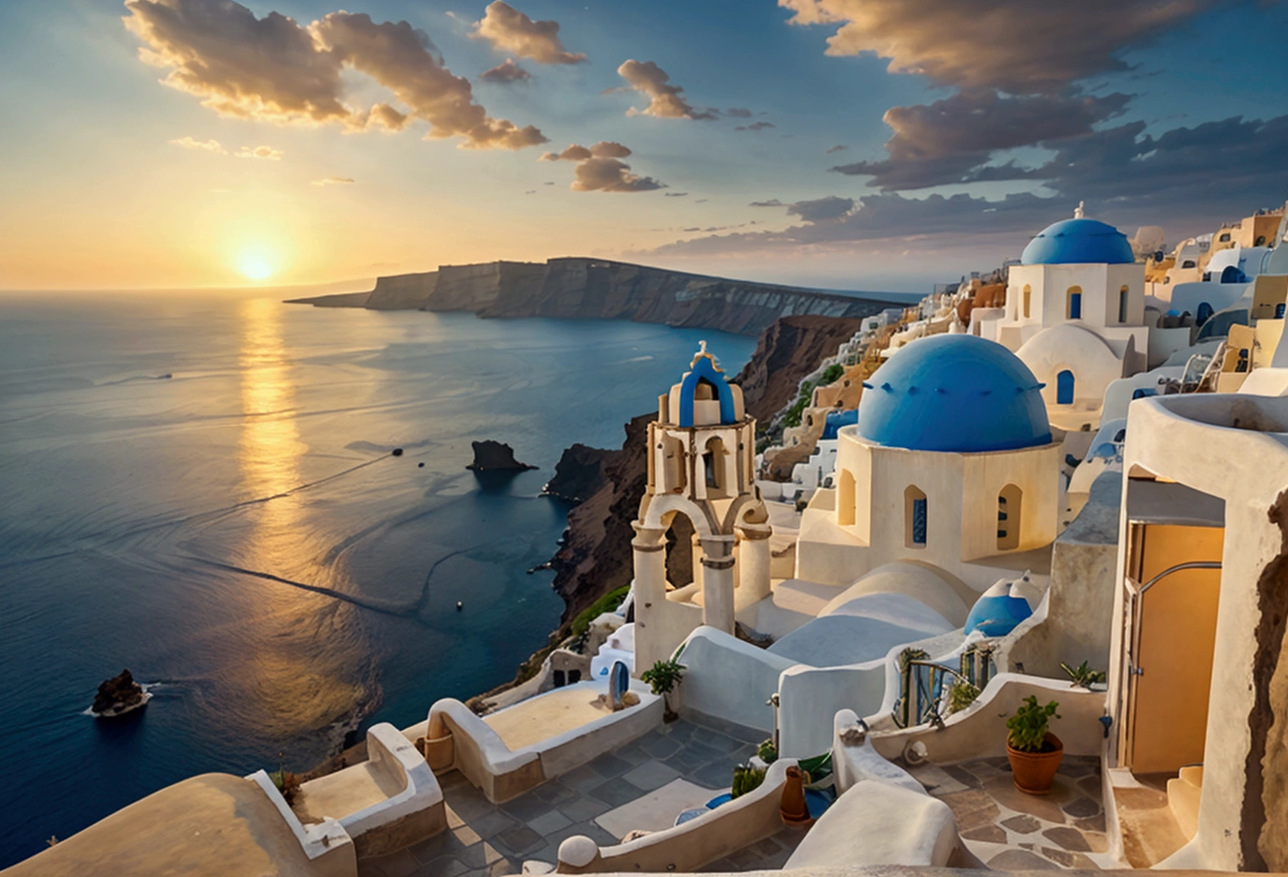 Santorini at sunset, Photography, inspired by Ansel Adams, a sweeping view of the white-washed buildings with blue domes cascading down the cliffs towards the shimmering Aegean Sea, bathed in golden hues of the setting sun, using a 35mm lens, the scene exudes a warm color temperature, capturing the serene expressions of a few scattered tourists in awe, with natural lighting enhancing the tranquil atmosphere.