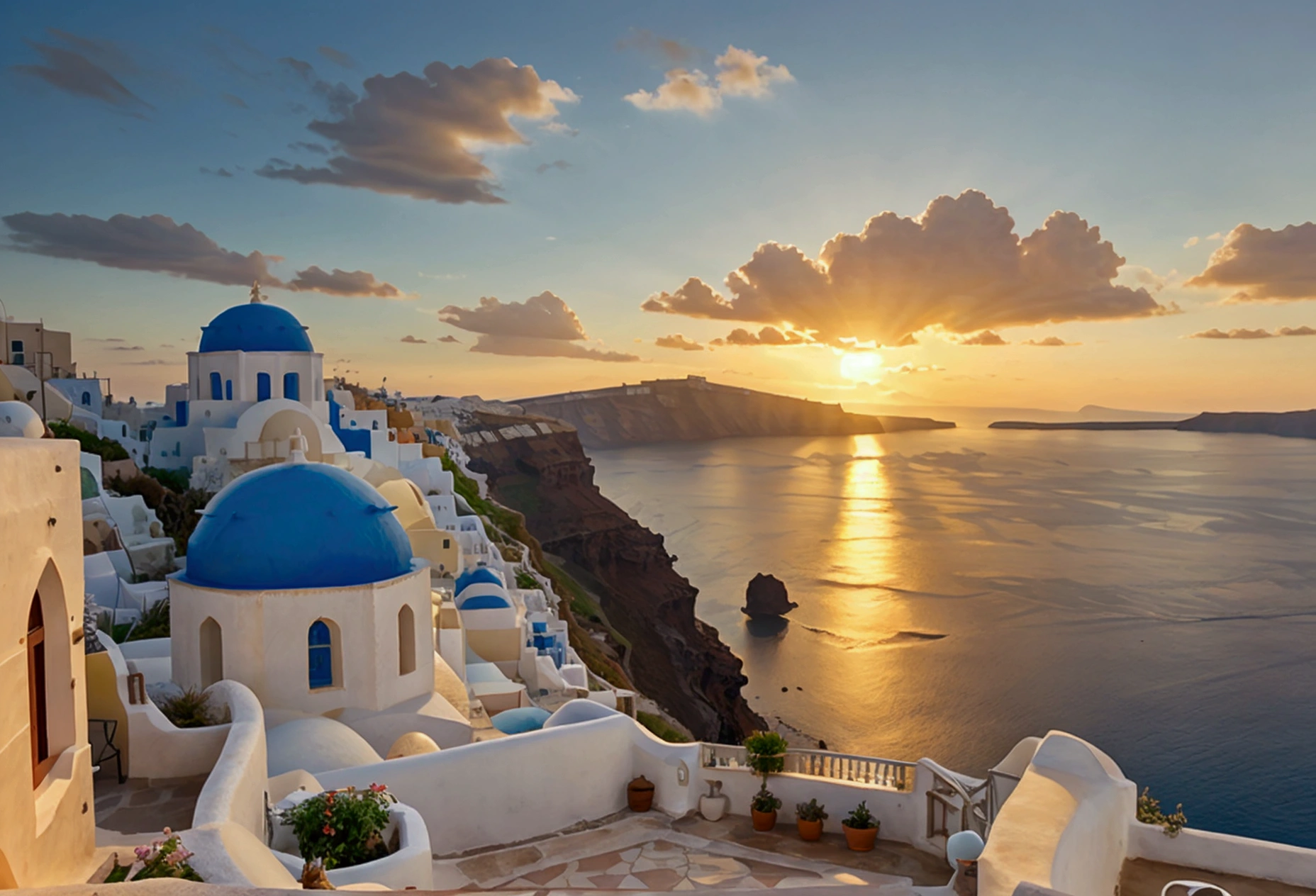 Santorini at sunset, Photography, inspired by Ansel Adams, a sweeping view of the white-washed buildings with blue domes cascading down the cliffs towards the shimmering Aegean Sea, bathed in golden hues of the setting sun, using a 35mm lens, the scene exudes a warm color temperature, capturing the serene expressions of a few scattered tourists in awe, with natural lighting enhancing the tranquil atmosphere.