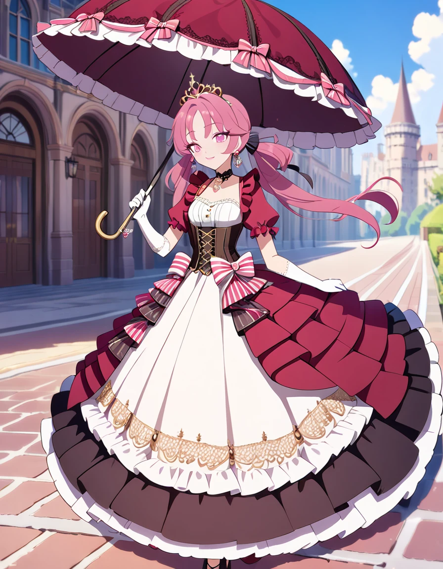 (best quality,4k,8k,highres,masterpiece:1.2),ultra-detailed, Pretty 15 years old princess, drawn in anime style, is cute and joyful, long red pigtails hair, pink eyes, small breast, lipstick, makeup, pink eyeshadow, long eyelashes, dainty and delicate body, steampunk, red princess gown with puffy sleeves, Dominant shades of red, physically-based rendering,gorgeous dress design,flowing gown,elaborate lace details,rich textures,contrast stitching,delicate ribbon bows,floral accents,long maxi skirt,short sleeves,fitted waistline,lace-up back,luxurious fabrics,flawless silhouette, petticoat, bustle, corset, hair ribbons, white elbow gloves, ruby earrings and necklace, gold tiara, high heels, holding a lacy umbrella, walking in castle garden, beautiful sunny and cloudy sky. 