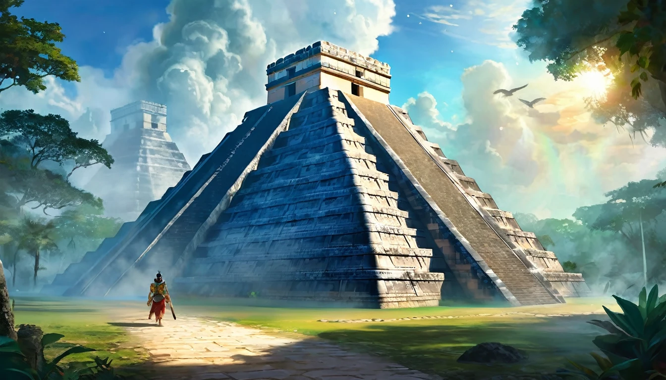 The Lost City of Chichen Itza is the heart of the ancient Mayan civilization, hidden in the dense jungle. Players will enter the world, where every corner is imbued with history and myths. In the center of the city rises the majestic Pyramid of Kukulcan, surrounded by temples and palaces, decorated with carvings and frescoes, telling about the exploits of gods and heroes, digital painting, location, location из игры, большая location, glowing effects in the background, fog in the foreground with glow effects, colorful, cute style, anime style, огромная игровая location, shimmering treasures, attention-grabbing