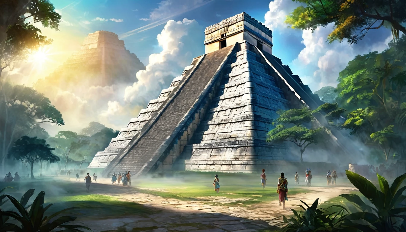 The Lost City of Chichen Itza is the heart of the ancient Mayan civilization, hidden in the dense jungle. Players will enter the world, where every corner is imbued with history and myths. In the center of the city rises the majestic Pyramid of Kukulcan, surrounded by temples and palaces, decorated with carvings and frescoes, telling about the exploits of gods and heroes, digital painting, location, location из игры, большая location, glowing effects in the background, fog in the foreground with glow effects, colorful, cute style, anime style, огромная игровая location, shimmering treasures, attention-grabbing