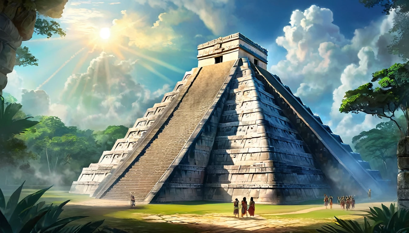 The Lost City of Chichen Itza is the heart of the ancient Mayan civilization, hidden in the dense jungle. Players will enter the world, where every corner is imbued with history and myths. In the center of the city rises the majestic Pyramid of Kukulcan, surrounded by temples and palaces, decorated with carvings and frescoes, telling about the exploits of gods and heroes, digital painting, location, location из игры, большая location, glowing effects in the background, fog in the foreground with glow effects, colorful, cute style, anime style, огромная игровая location, shimmering treasures, attention-grabbing